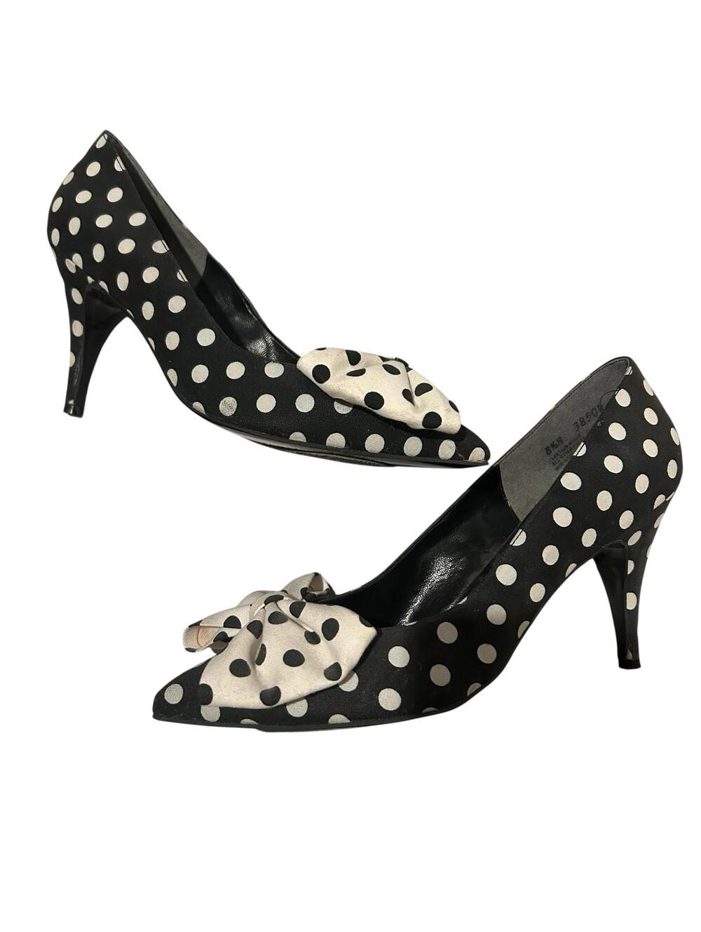 Polka Dot Pointed-Toe Bow Heels - Black & White - Picture 3 of 9